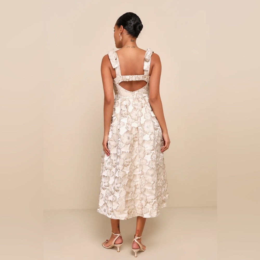 Lulu’s Unique Beauty Cream Floral Tie-Strap Midi Dress With Pockets - Picture 3 of 4